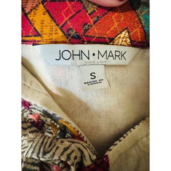 John Mark Boho Multicolor Floral Patchwork Blouse S Velvet Accents L/S Tassel - Picture 7 of 10